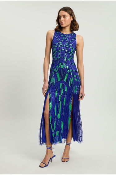 Embellished Geo Halter Woven Maxi Dress