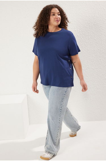 Navy Blue Boyfriend Fit Side Snap Detail 100% Cotton Knitted Plus Size T-shirt