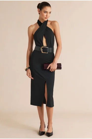 Crossed Halter Neck Belted Cut Out Sleeveless Midi Dress