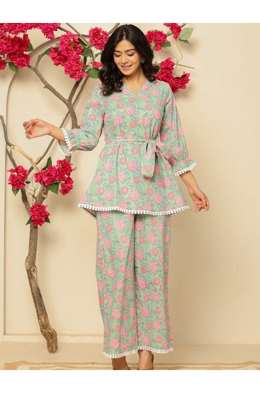 Women Green Cotton Printed Tunic and Pants Co-Ords
