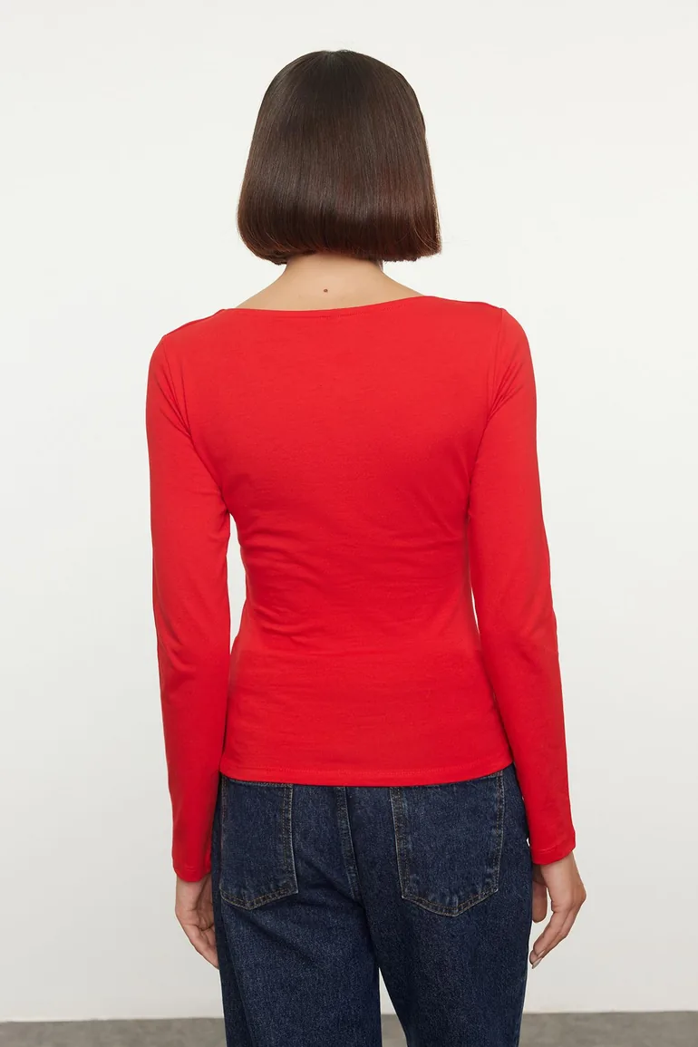 Red Cotton Boat Neck Fitted Stretchy top - 4