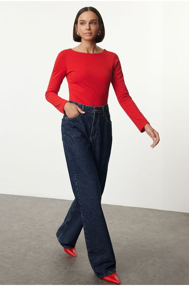 Red Cotton Boat Neck Fitted Stretchy top