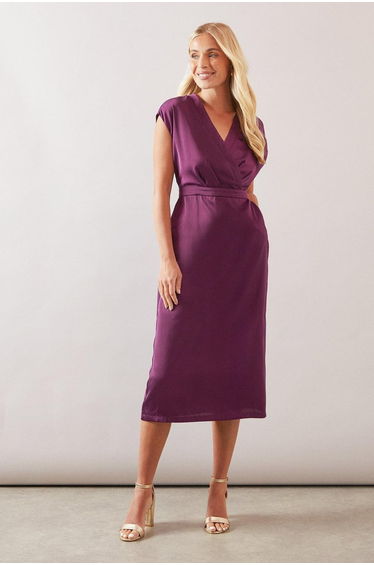 Petite Satin Sleeveless Wrap Midi Dress