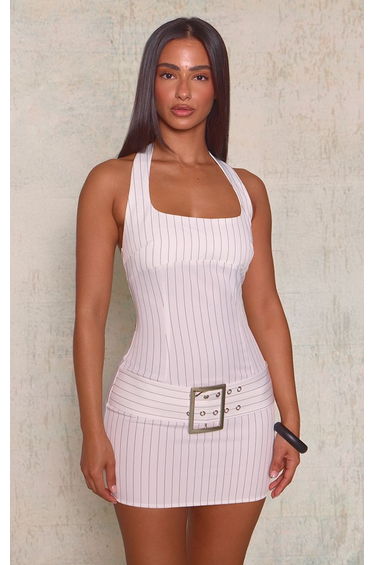Petite Ecru Pinstripe Belt Detail Halterneck Mini Dress
