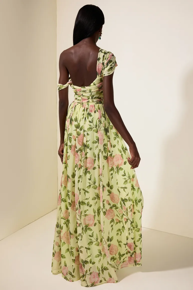 Floral Skew Collar Chiffon Maxi Dress - 2