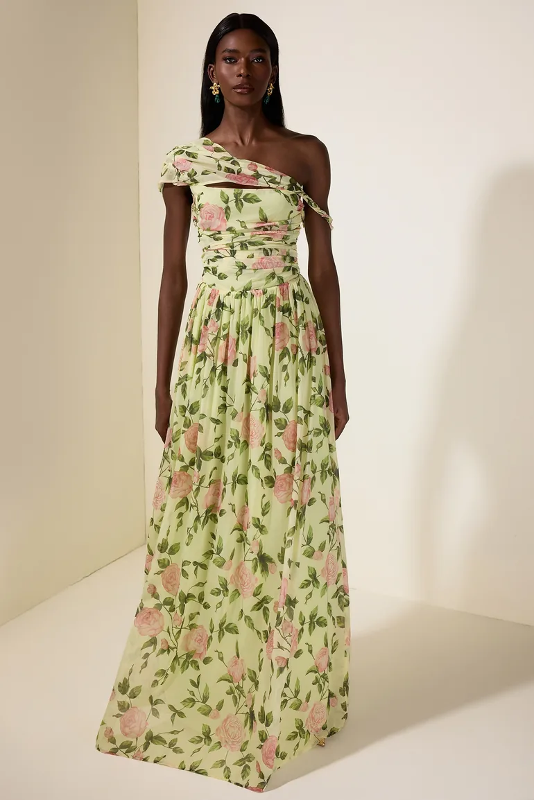 Floral Skew Collar Chiffon Maxi Dress