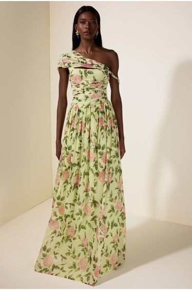 Floral Skew Collar Chiffon Maxi Dress