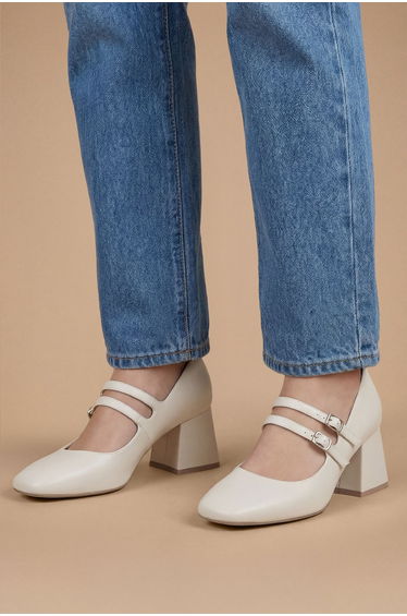 Wide fit Dawn Faux Leather Double Mary Jane Mid Block Heel Court Shoes