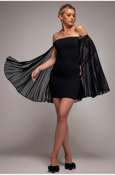 Boob Tube Mini Dress With Pleated Chiffon Cape - Black by Goddiva