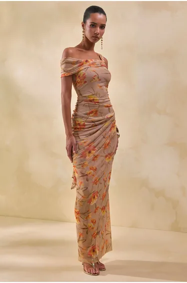 Afton | Orange Floral Mesh Asymmetric-Neck Maxi Dress With Sash Detail