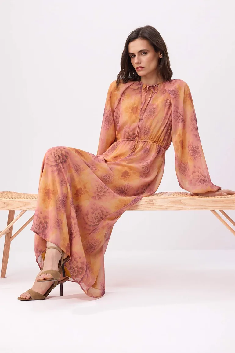 Purple Belted Lined Floral Woven Chiffon Hijab Dress - 1