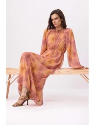 Purple Belted Lined Floral Woven Chiffon Hijab Dress - 1