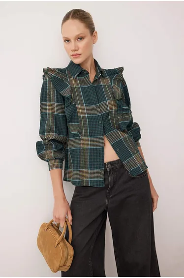 Green-Multicolored Plaid Textured Ruffle Detailed Shirt
