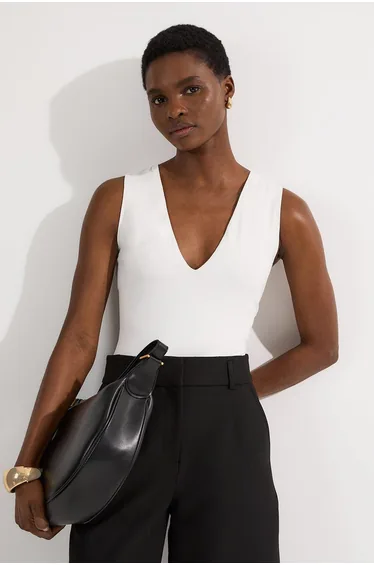 Stretch Cotton Plunge Neck Jersey Bodysuit