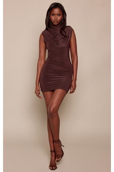 Chocolate Brown Slinky Draped Neck Mini Dress