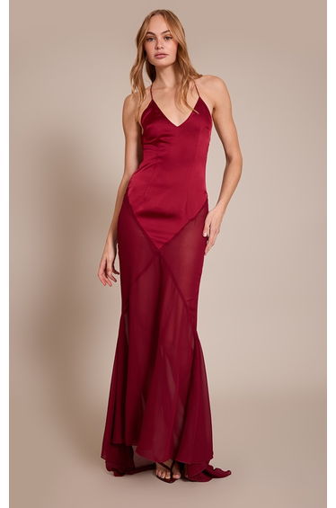 Plum Satin Contrast V Neck Maxi Dress