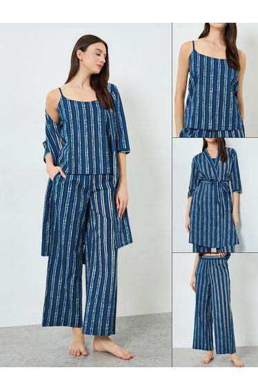 Pack of 3 - Cotton Striped Cami, Pants and Robe Set