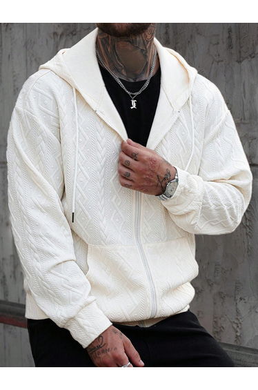 Men Textured Zip Up Hooded Jacket