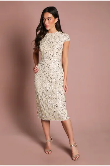 Cap Sleeve Pearl Embellished Pencil Dress