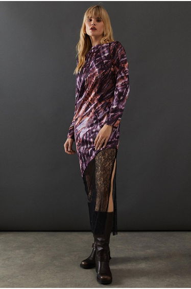 Marble Satin Column Lace Panel Midi Dress
