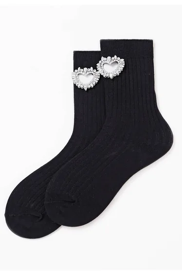 Rhinestone Hollow Out Heart Cotton Socks in Black