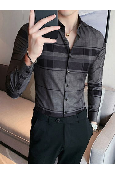 Men Strip Button Up Long Sleeve Shirt