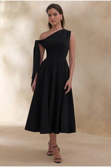 Daring | Black Asymmetric-Neck Midi Dress With Knot-Detail