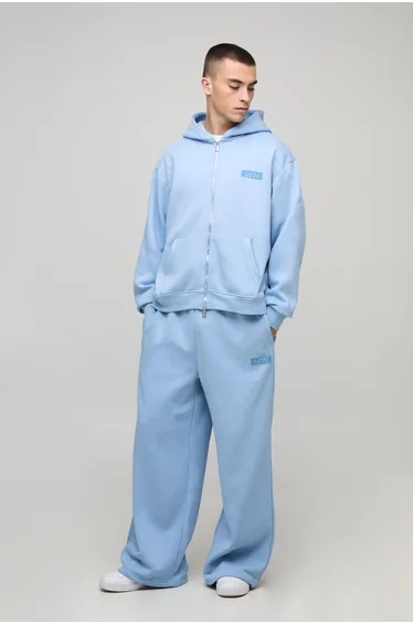 Oversized Boxy Man Hooded Zip Through Wide Leg Tracksuit - blue