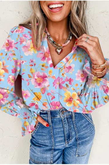 Lvness Sky Blue Floral Smocked Cuff Flounce Sleeve V Neck Blouse