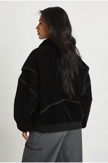 Petite Faux Suede Contrast Stitch Bomber Jacket - black