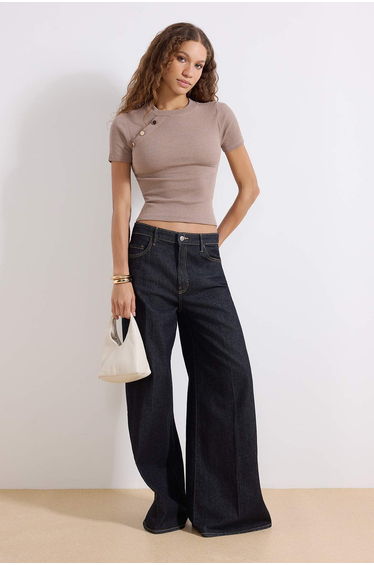 Mink Button Detailed Ribbed Fitted Flexible Knitted Blouse