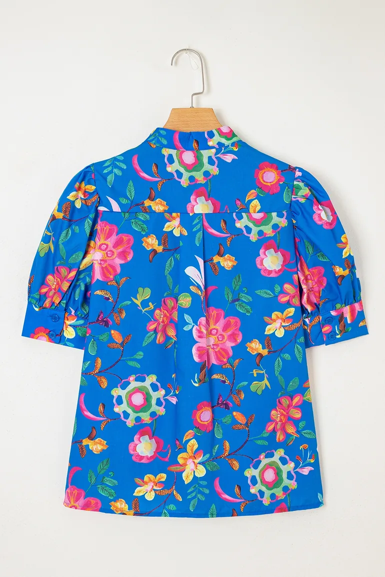 Lvness Blue Floral Short Puff Sleeve Button Up Shirt - 2