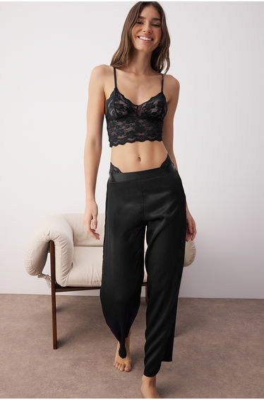 Black Plain Lace Satin Woven Pajama Set