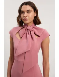 Petite Compact Stretch Bow Tie Neck Tailored Pencil Midi Dress - 1