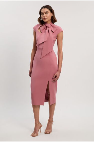Petite Compact Stretch Bow Tie Neck Tailored Pencil Midi Dress