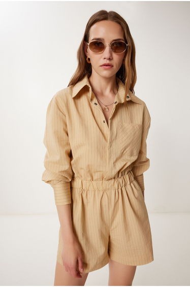 Women's Camel Striped Woven Mini Shorts Jumpsuit