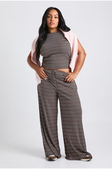 Plus Striped Mid Rise Wide Leg Trouser - chocolate