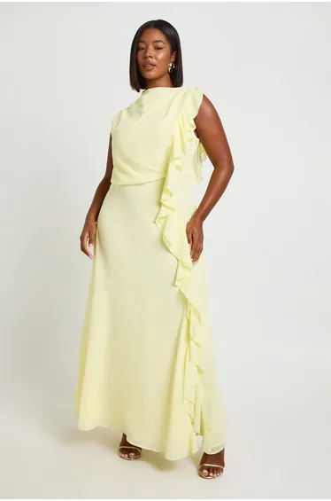 Plus Chiffon High Neck Ruffle Detail Maxi Dress - lemon