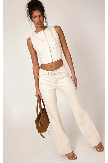 Ecru Belted Waistband Straight Leg Jeans