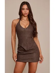 Chocolate Faux Leather Corset Detail Mini Dress - 1