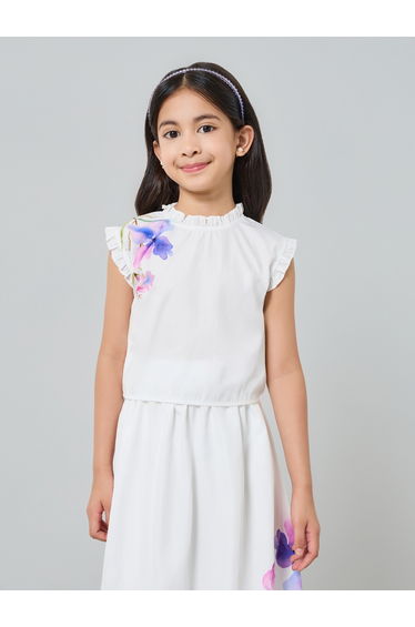 Girls White Floral Print Top and Skirt Set