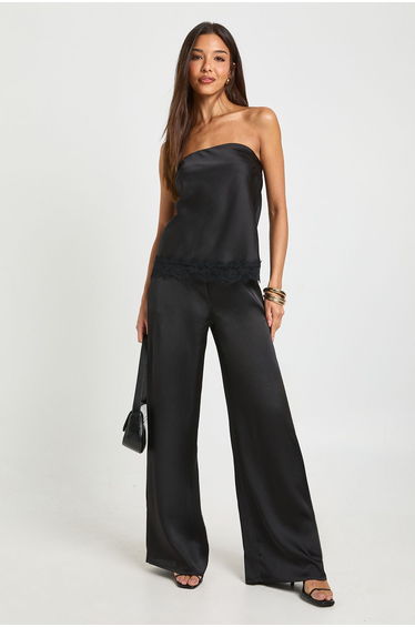 Satin Lace Contrast Loose Fit Bandeau - black