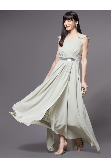 Embellished Waist Ruffle Sleeves A-Line Maxi Dress