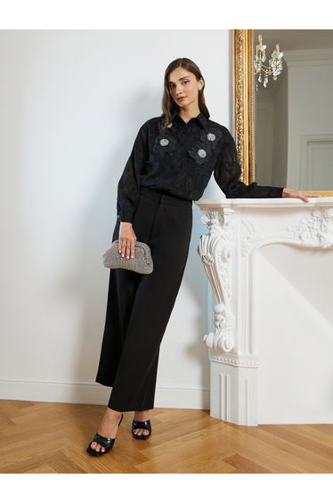 Women Black Floral Jacquard Sheer Shirt