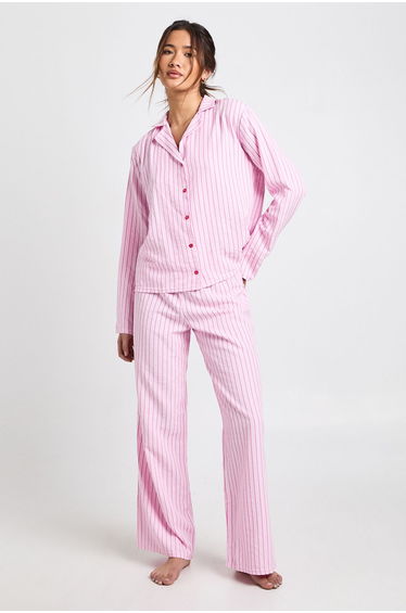 Striped Textured Long Sleeve Shirt & Trouser Pyjama 3 Piece Set - pink