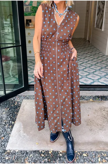 Lvness Brown Polka Dot Print Contrast Trim V Neck Zip Up Sleeveless Dress