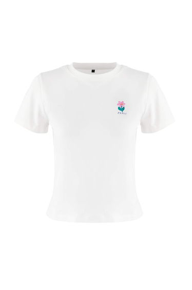Ecru Regular/Normal Fit Short Sleeve Embroidered Tok 100% Cotton Knitted T-Shirt