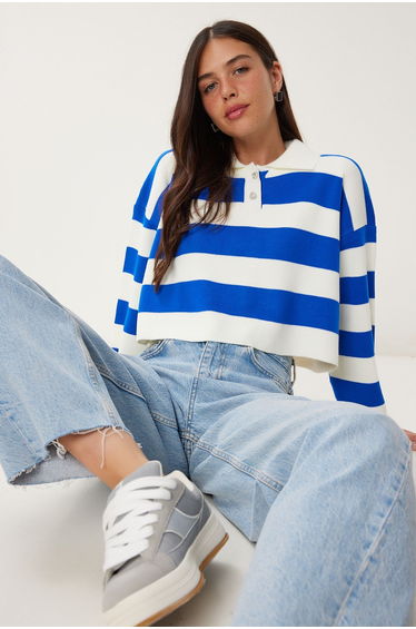 Women's White Blue Stylish Buttoned Collar Striped Crop Knitwear Sweater