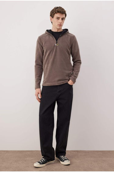 Dark beige slim/narrow cut polar zippered hooded Hoodie