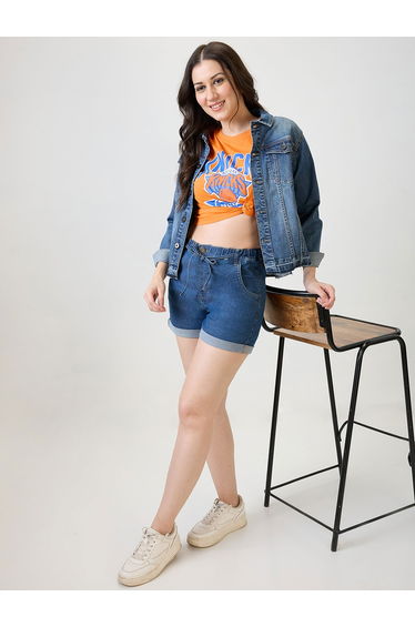 Women Blue Denim Shorts with Drawstring
